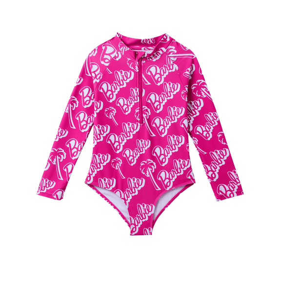 Barbie Girls Swimsuit Long Sleeve Rash Guard One Piece Half Zip Quick Dry Bathing Suit Sizes 6-7Y