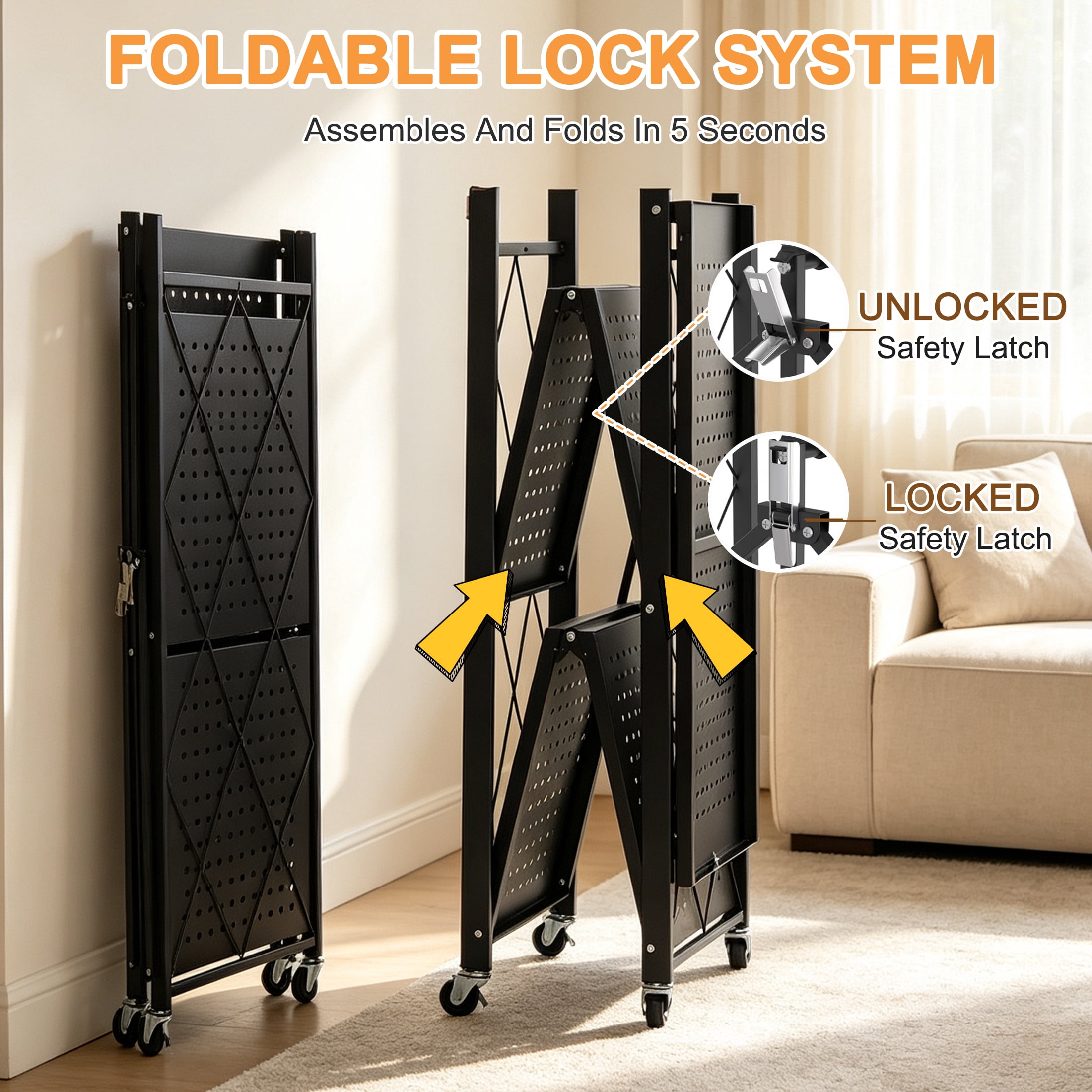 GARITIN 3‑Tier Rolling Storage Rack with Wheels, Foldable Heavy‑Duty Metal Storage Shelves, Organizer Shelf for Kitchen Living Room, Black
