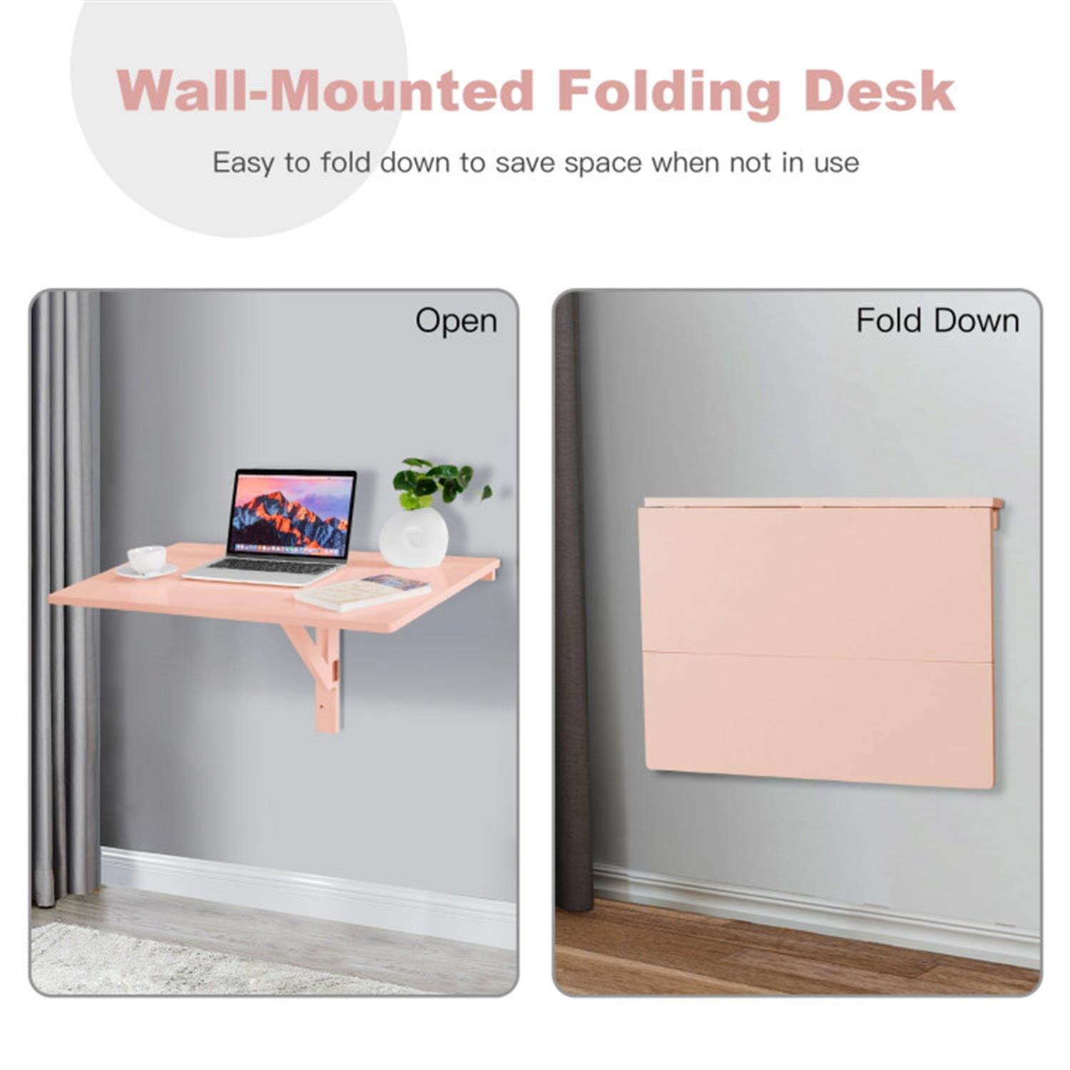 Demi Bonn 31.5" Wall Mounted Folding Table for Small Spaces, Laptop Workstation Desk for Laptops, Books, Tablets, and Art, Pink