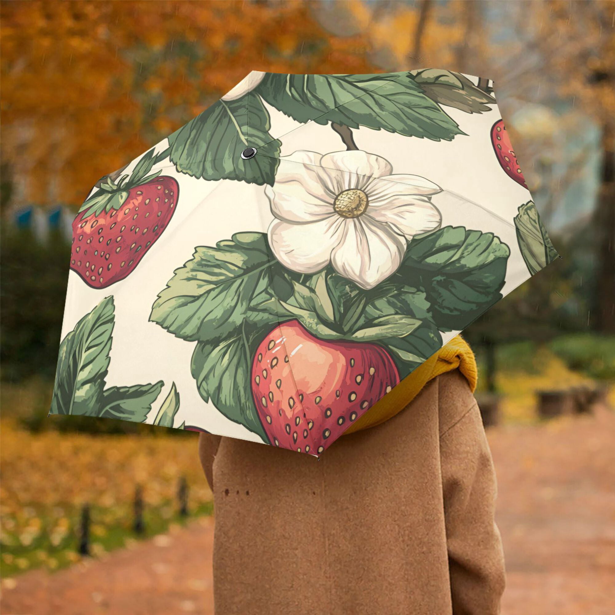 FORMRS Travel Umbrella Folding Auto Open Close Windproof Rain UV Protection, Beige Strawberry