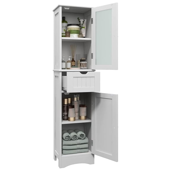 67” Tall Narrow Bathroom Storage Cabinet, Corner Floor Cabinet with 2 Doors, 1 Drawer & 3-Level Adjustable Shelves, Slim Storage Organizer for Bathroom, Living Room, White