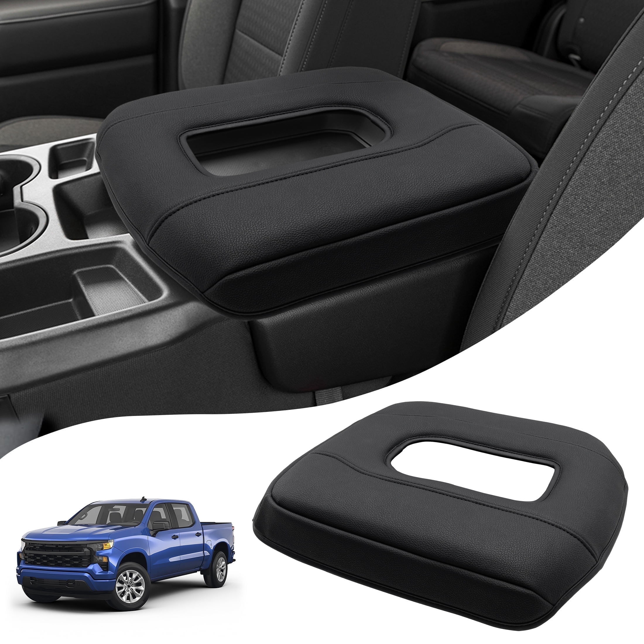 KBH Center Console Cover for 2019-2026 Chevy Silverado/GMC Sierra Accessories, Black Leather Armrest Cover for Jump Seat Console, Anti-scratch Middle Console Lid Protector