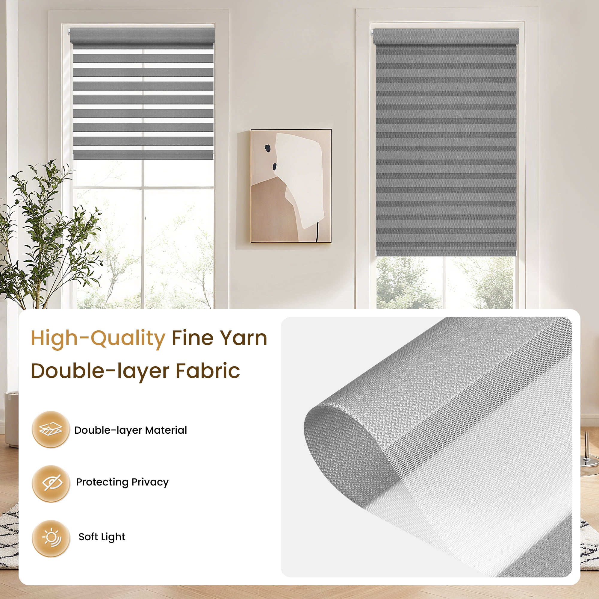 Grandekor No Drill Zebra Blinds for Windows,Cordless Zebra Shades Dual Layer, Pull Down Roller Shades Free-Stop,34"W x 72"H,Grey,Easy to Install for Home, Office, Bedroom