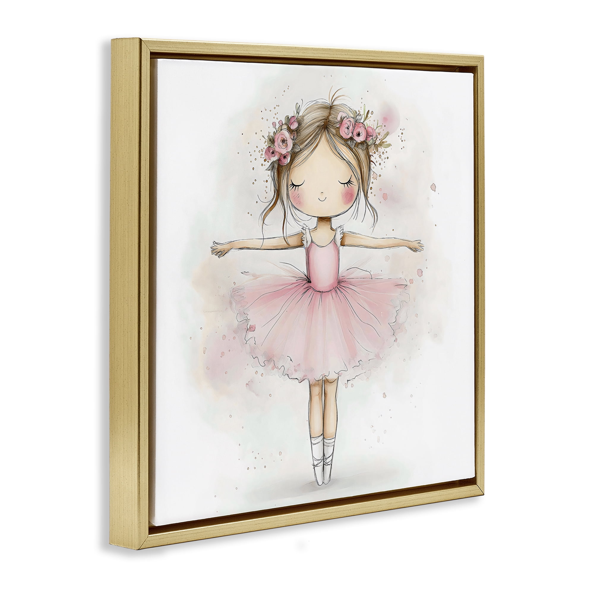 Stupell Industries Flower Ballerina in Pink Tutu Gold Framed Floater Canvas Wall Art, design by Creative Studio