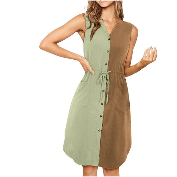 Casual Summer Dresses for Women V-Neck Button Drawstring Tank Dress Colorblocking Sleeveless Fashion Tshirts Dress