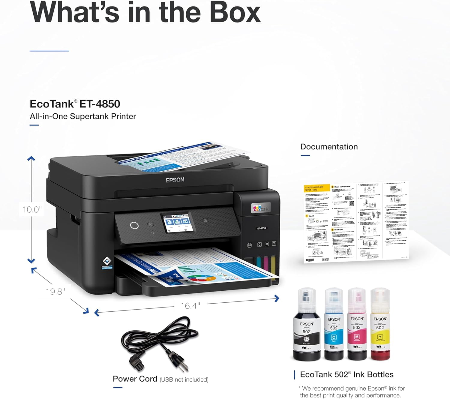 Epson EcoTank ET-4850 Wireless All-in-One Cartridge-Free Supertank with Scanner Copier, Fax, ADF and Ethernet, The Perfect Office Printer - Black (Sold without manufacturer warranty)