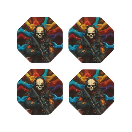 

Leather Coasters Set of 4 - Vibrant Skull Soldier Lightweight Non-Slip Drink Coasters for Desk Anti-Scalding Desk Cup Coasters for Office Table Decor Octagon