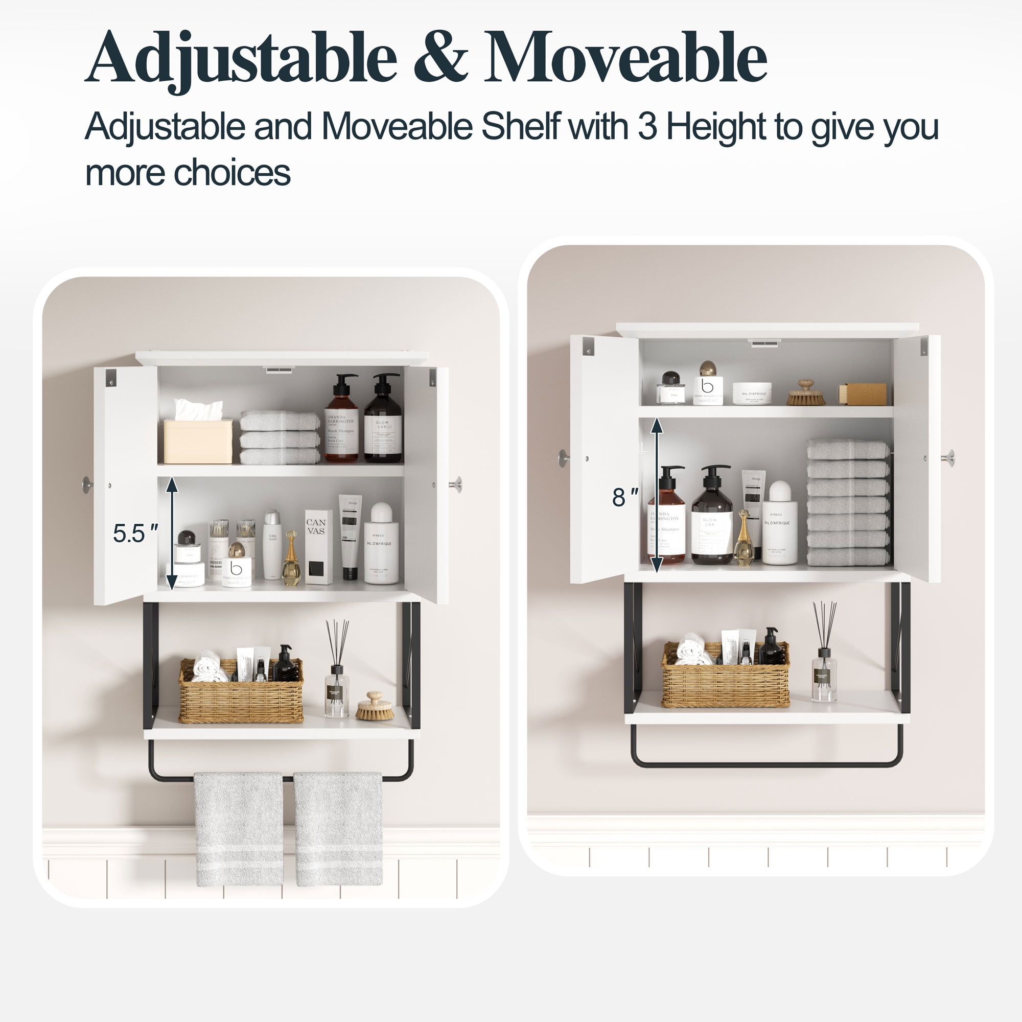Walsunny Medicine Bathroom Cabinet，Wall-mounted Storage Cabinet, One Completely Open Compartment, with Steel Pipe Rack for Hanging Towels and Kitchen Utensils, Suitable for Kitchen