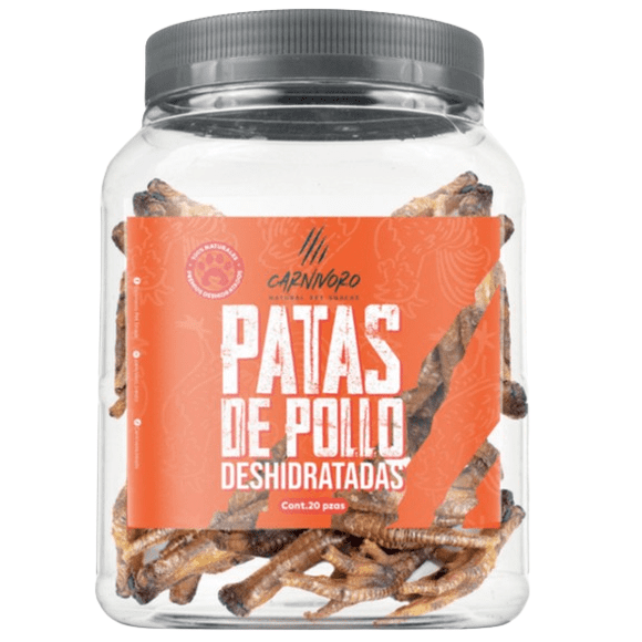 Premio Deshidratado de Patas de Pollo, Carnívoro Pet Snacks, Bote con 20-25 piezas