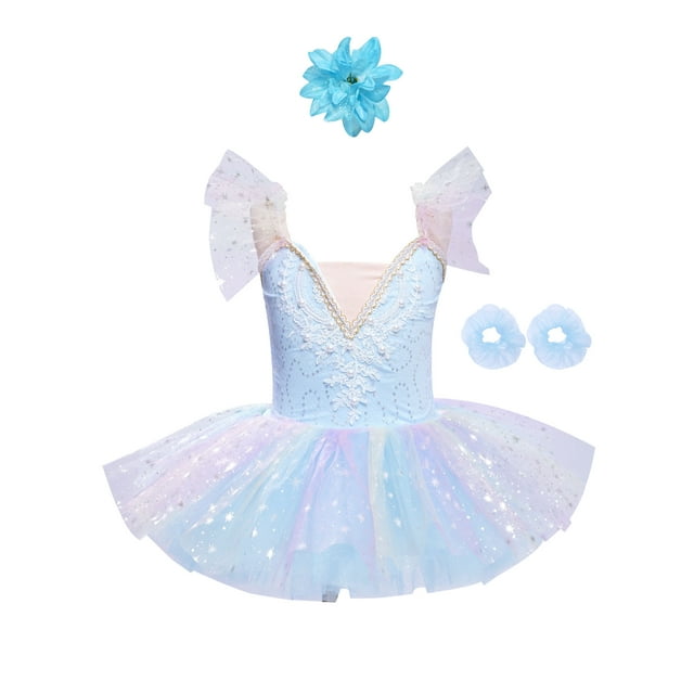 MSemis Robe Tutu de Ballet Professionnelle Sans Manches pour Filles Enfants Lac des Cygnes Danse Costume de Ballerine et Ensemble Poignets à Pince à Cheveux Tenue de Danse Bleu Clair 140