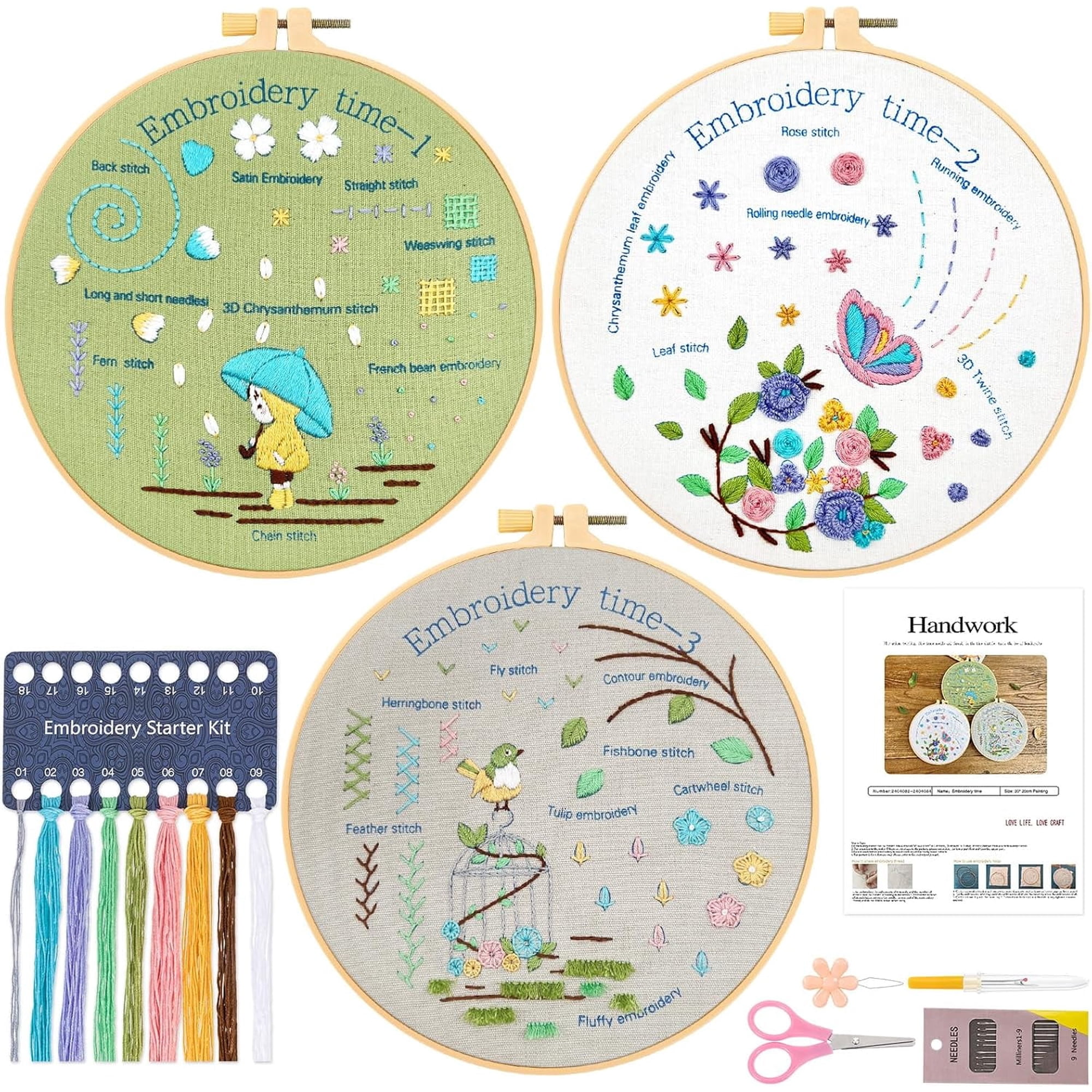 3 Pack Embroidery Kit for Beginners Sewing Cross Stitch Practice Kit to Learn 24 Different Stitch Embroidery Starter Kit with Stamped Cloth Hoops Threads and Needles