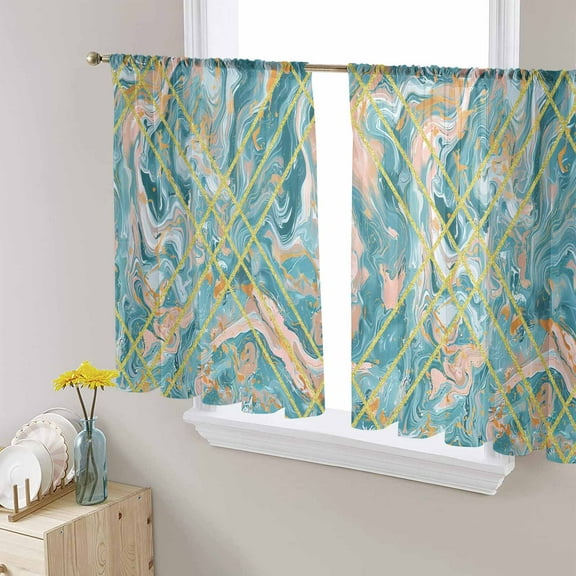 Turquoise Sheer Curtains 54 Inches Length 2 Panels Set, Window Sheer Curtains for Living Room/Bedroom, Modern Geometric Marble Abstract Art Light Filtering Rod Pocket Curtain 52'' x 54'' x 2