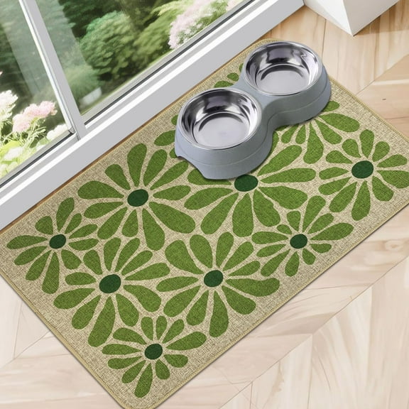 Dog Food Mats for Floors Waterproof, Absorbent Quick Dry Pet Cat Food Mat, Water Bowl Mats Pet Feeding, Eco-Friendly Accessories Pet Supplies (12"x20",Green Flower)