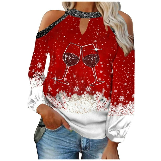 Camisas Navideñas Para Mujer, Camisetas de Manga Larga, Estampado de Otoño, Farol Erógeno, Jersey Sin Tirantes, Blusa Con Hombros Descubiertos Odeerbi ODB207756