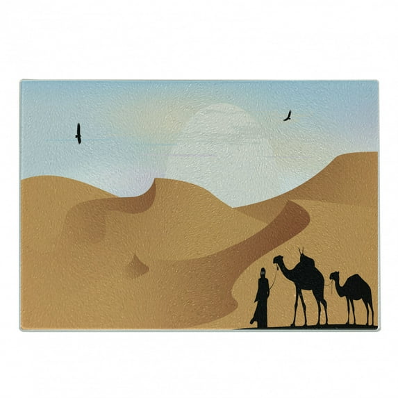 Dune Cutting Board, Camels and Man Silhouette in the Desert Sandy Hills and Sun Beaming, Decorative Tempered Glass Cutting and Serving Board, in 3 Sizes, by Ambesonne