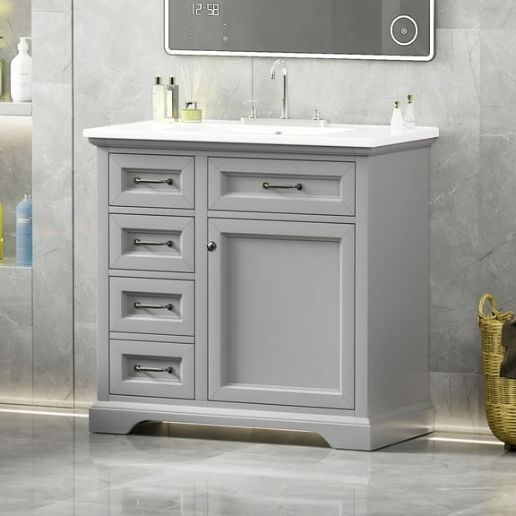 Christopher Knight Home 36" Bathroom Vanity, Ceramic Sink, 2 Tip-out Storage Drawers, Soft Close Doors, Light Gray