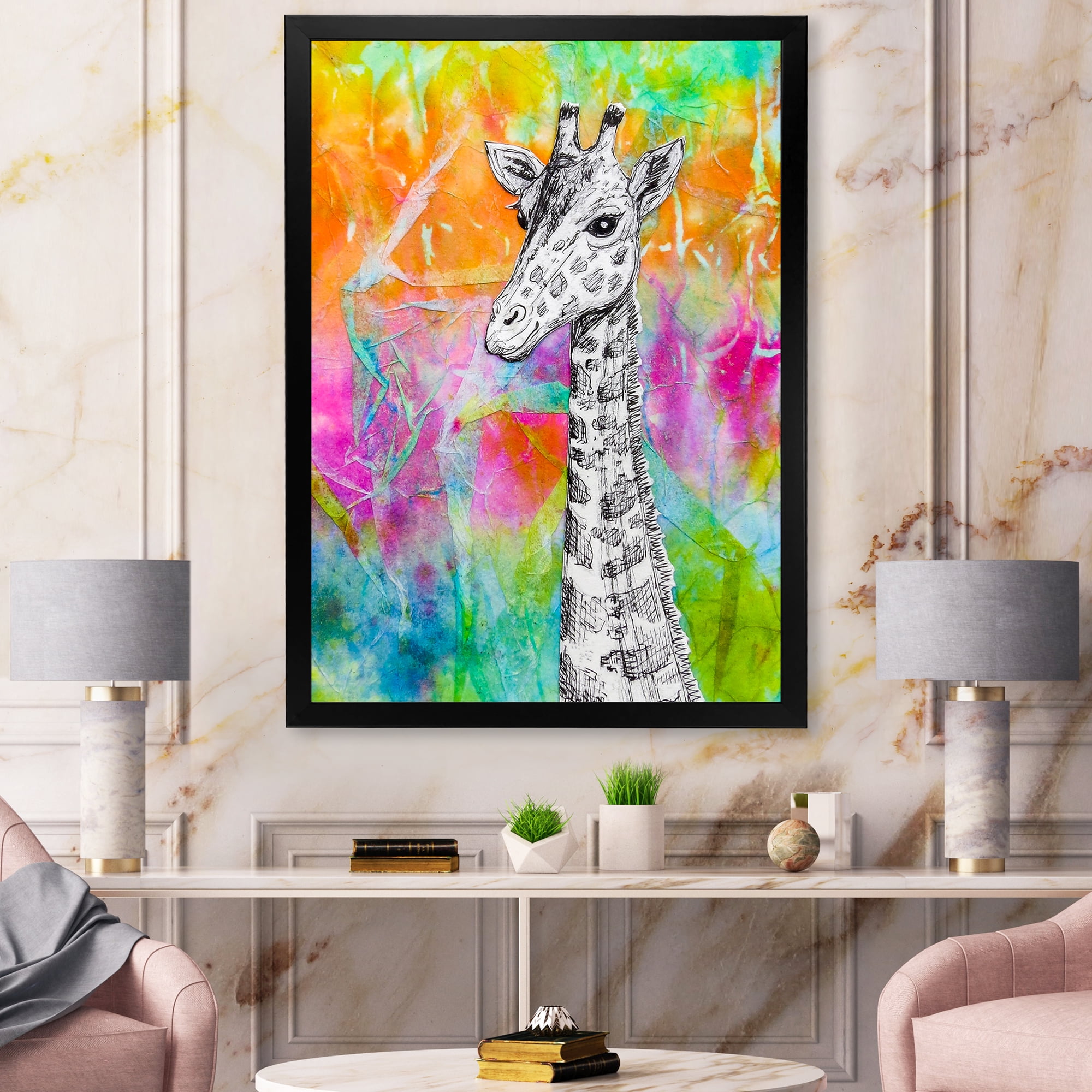 Designart 'Monochrome Giraffe Drawing On Bright Rainbow' Children's Art Framed Art Print