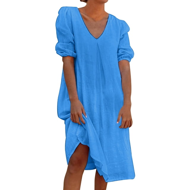Vestido informal de verano para mujer, de color liso, con cuello en V y manga media - Túnica holgada larga, poliéster, transpirable, tallas S-XXL, ropa de playa/diaria/de fiesta