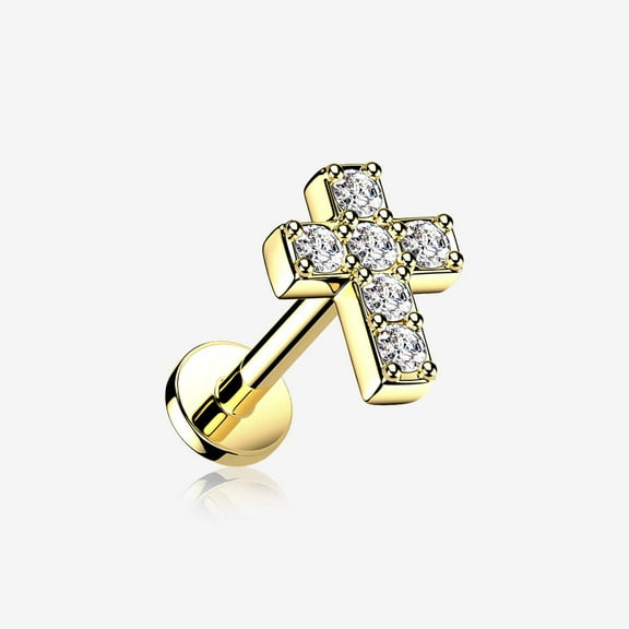 Golden Grand Sparkle Cross Top Internally Threaded Steel Flat Back Stud Labret