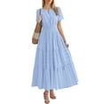 thumbnail image 4 of Huowey Womens Dresses Cotton Linen Short Sleeve High Waist Solid Color V-Neck Smocked Ruched Loose Fit Tiered Simple Breathable Fashionable Flowy Mid Length Dress Beach Vacation Clothes, 4 of 5