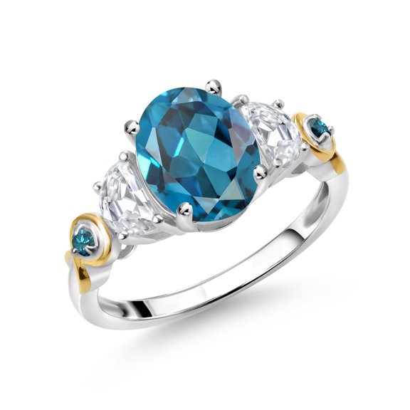 Gem Stone King 925 Silver and 10K Yellow Gold 3-Stone Ring Oval London Blue Topaz and Moissanite (2.76 Cttw, Size 5)