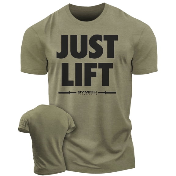 Gymish Just Lift Workout T-Shirt for Men – Motivational Gym Shirt, Funny Fitness Tee, Men's Athletic Workout Apparel, Military Green, Small