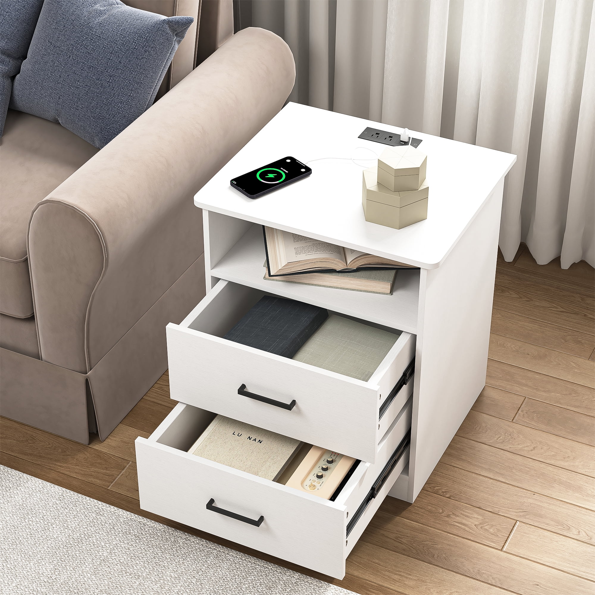 Demi Bonn 18" Side Table with Fast Charging Station USB C Cable Fast Charging, End Table Nightstand with Drawer and Shelf for Bedroom, Living Room, White