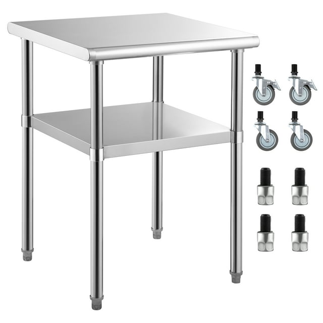 KFFKFF Table de Préparation en Acier Inoxydable, Dimensions 24 x 24 x 36 Pouces, Capacité de Charge de 600 Lb, Table de Travail en Métal Durable avec Tablette Inférieure Ajustable et Roues Universelles, Poste de Travail