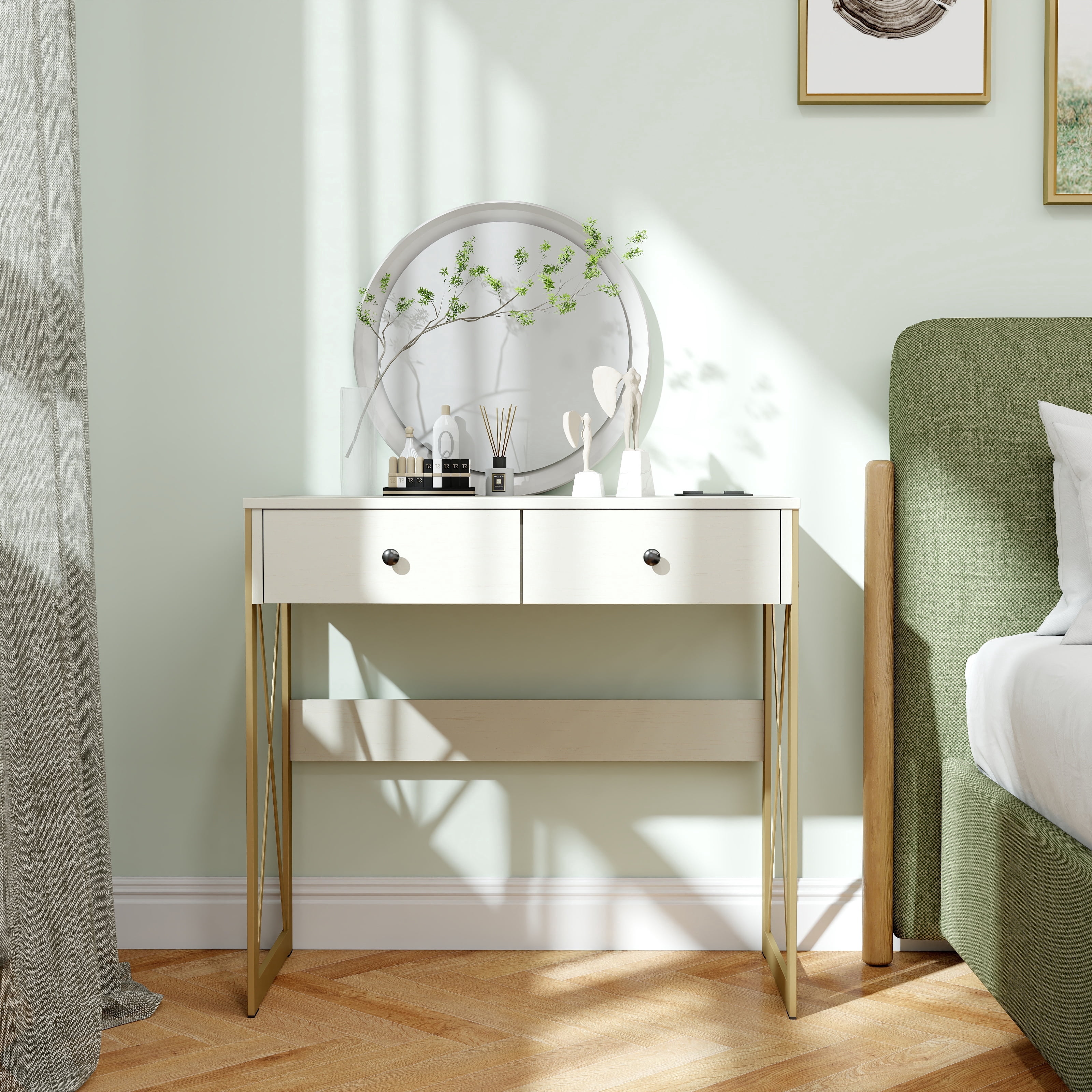 Manxile Computer Desk with 2 Storage Drawers, Home Office Writing Study Desk PC Table for Small Space/Bedroom, White+Gold
