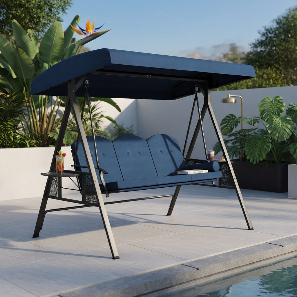 Hommoo 3-Person Outdoor Patio Swing Chair with Adjustable 60° Canopy, Thick Cushions, Foldable Side Trays & Heavy-Duty Steel Frame, Navy