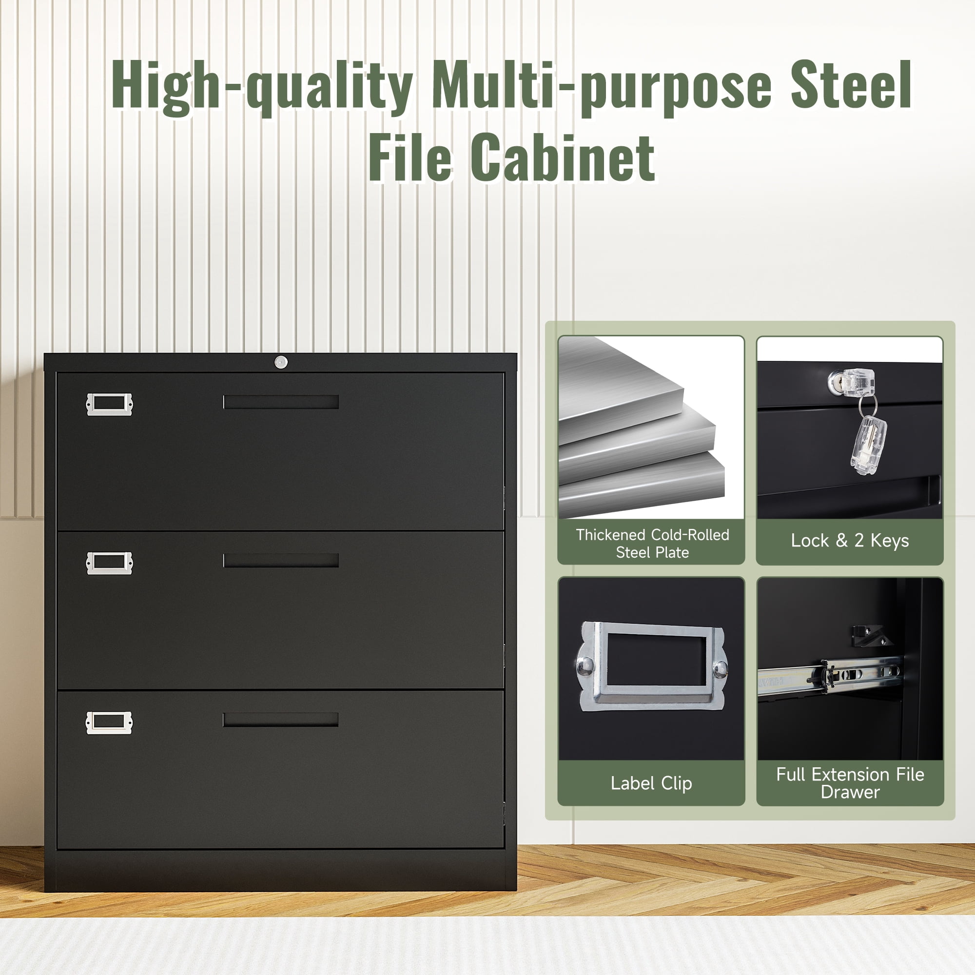 AUHUP 3 Drawer File Cabinet with Lock, Metal Lateral Filing Storage Cabinet Fits Letter/Legal/F4/A4 Size, File Cabinets for Home Office (Black-Assembly Required)