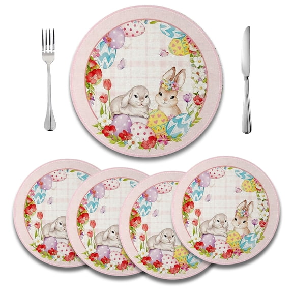 MIZHONA Spring Easter Round Placemats Set of 4,Happy Easter Funny Rabbit Eggs Table Decor 14 inch