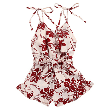 

Emmababy Baby Girls Summer Sleeveless Romper V Neck Button Lace-up Floral Print Jumpsuit