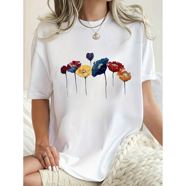 Playera Deportiva Manga Corta Mujer Dry-FitFun and Simple Colorful Floral Pattern Print Women's Fashion Trendy Round Neck Short Sleeve, Simple Casual Sports T-shirt, Comfortable Summer Top Women's C