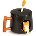 thumbnail image 1 of Linda taza de café de cerámica, taza con patrón de animales 3D para té, jugo, chocolate con leche, capuchino, mango de madera divertido y cuchara a juego, perfecta para regalos, 14 onzas, color negro, 1 of 5