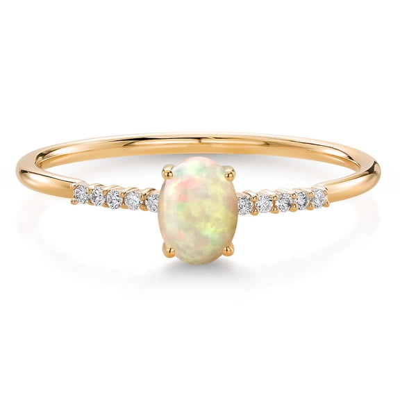 Gem Stone King 10K Yellow Gold Oval White Ethiopian Opal and White Lab Grown Diamond Engagement Ring for Women (0.37 Cttw, Oval Cabochon 6X4MM, Gemstone, Available in Size 5, 6, 7, 8, 9)
