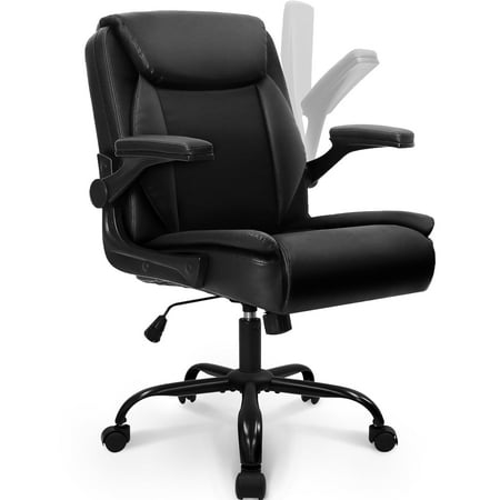 Neo Chair Mid Back Ergonomic Executive PU Leather Chair with Padded Flip-up Arms, Jet Black