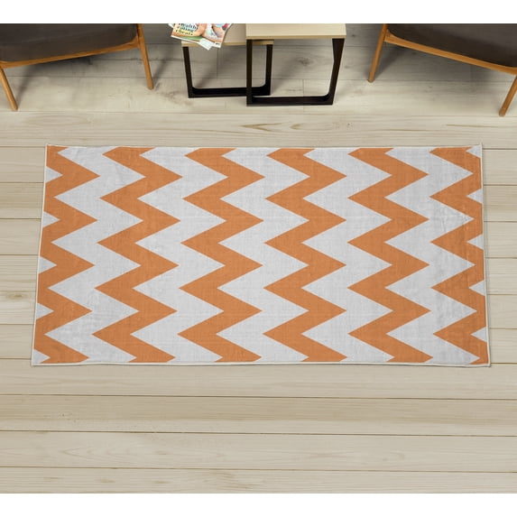 Shapes Decorative Rug, Chevron Pattern Classic Geometrical Horizontal Zig Zag Stripes Retro Artwork, Quality Carpet for Bedroom Dorm and Living Room, 6 Sizes, Persian Orange, by Ambesonne