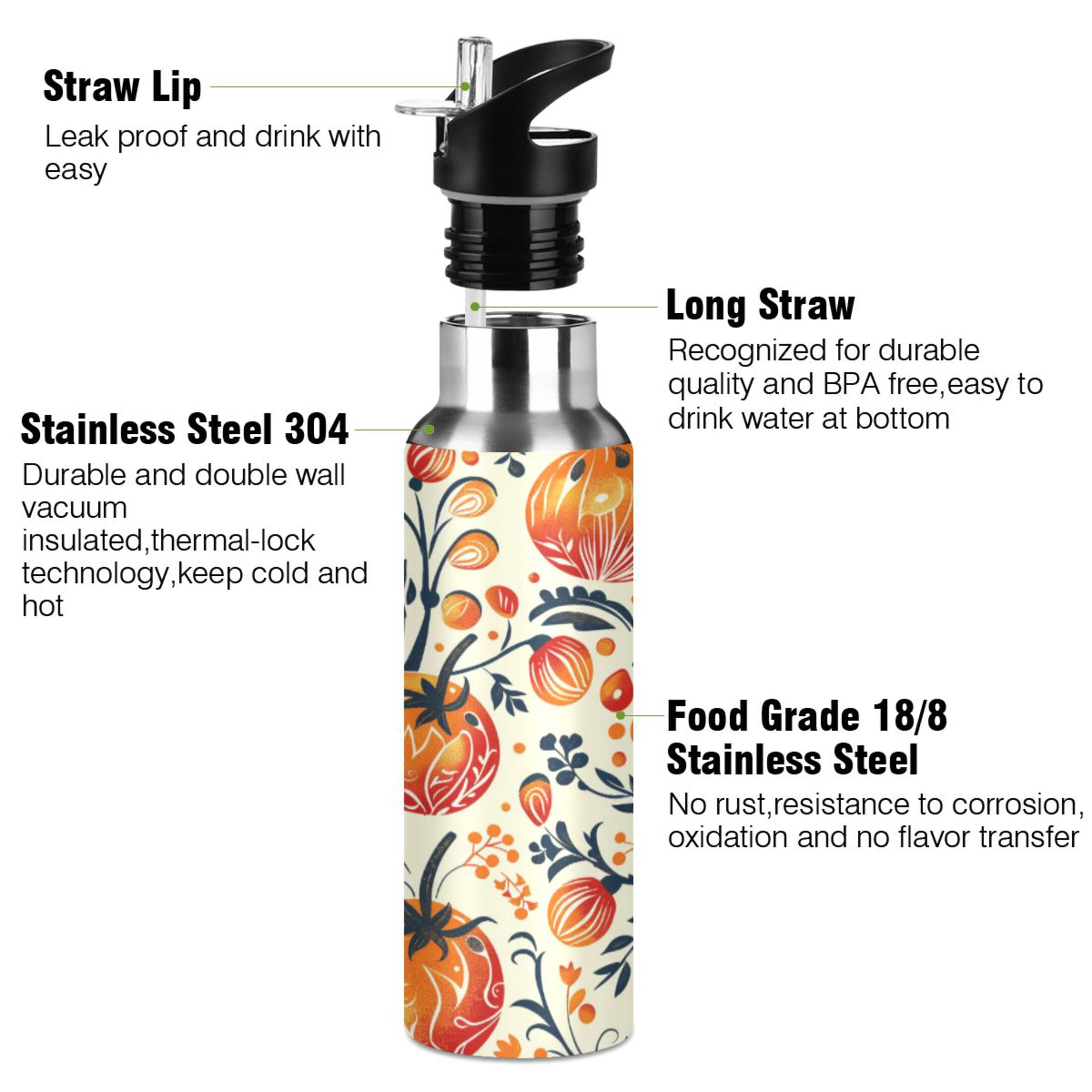 Water Bottles 20oz Straw Lid Wide Mouth Stainless Steel for School Sport Travel Tomato Folk Art