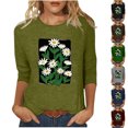 thumbnail image 1 of PXLKNZH T-Shirts à Manches 3/4 pour Femmes, Coupe Ample Décontractée, Col Rond, Imprimé Floral Mignon, Tunique Trois Quarts Gris,P, 1 of 5