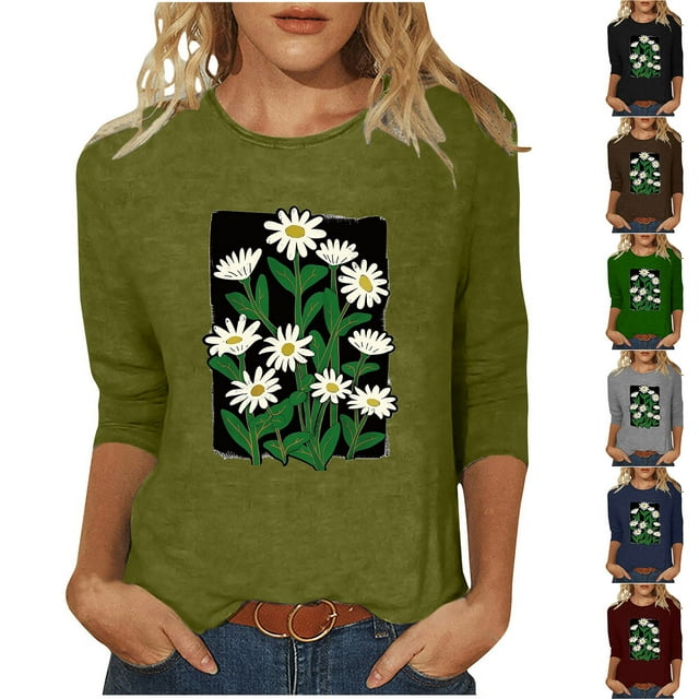 PXLKNZH T-Shirts à Manches 3/4 pour Femmes, Coupe Ample Décontractée, Col Rond, Imprimé Floral Mignon, Tunique Trois Quarts Gris,P