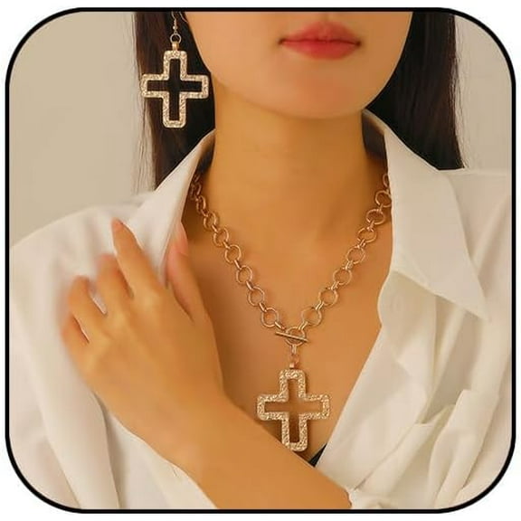 Chunky Gold Cross Necklace Earrings Set Statement Cross Pendant Necklace for Women Hammered Bold Cross Necklace Earrings Set Vintage Toggle Clasp Jewelry