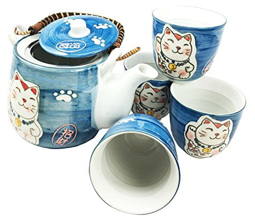 Ebros Gift Japanese Design Maneki Neko Lucky Beckoning Cat Matte Pink 20oz Ceramic Tea Pot and Cups With Strainer Set Service For 4 Excellent Home Decor Teapots Housewarming Birthday Feline Cats Gifts 