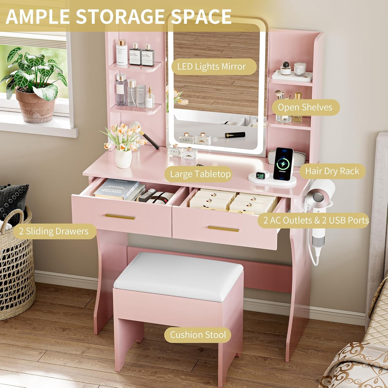 FANRAL Vanity Set with Mirror and Lights,31.5" Small Vanity Bedroom Vanity Desk,Makeup Vanity with Chair & Drawers & Power Outlet,Pink Vanity