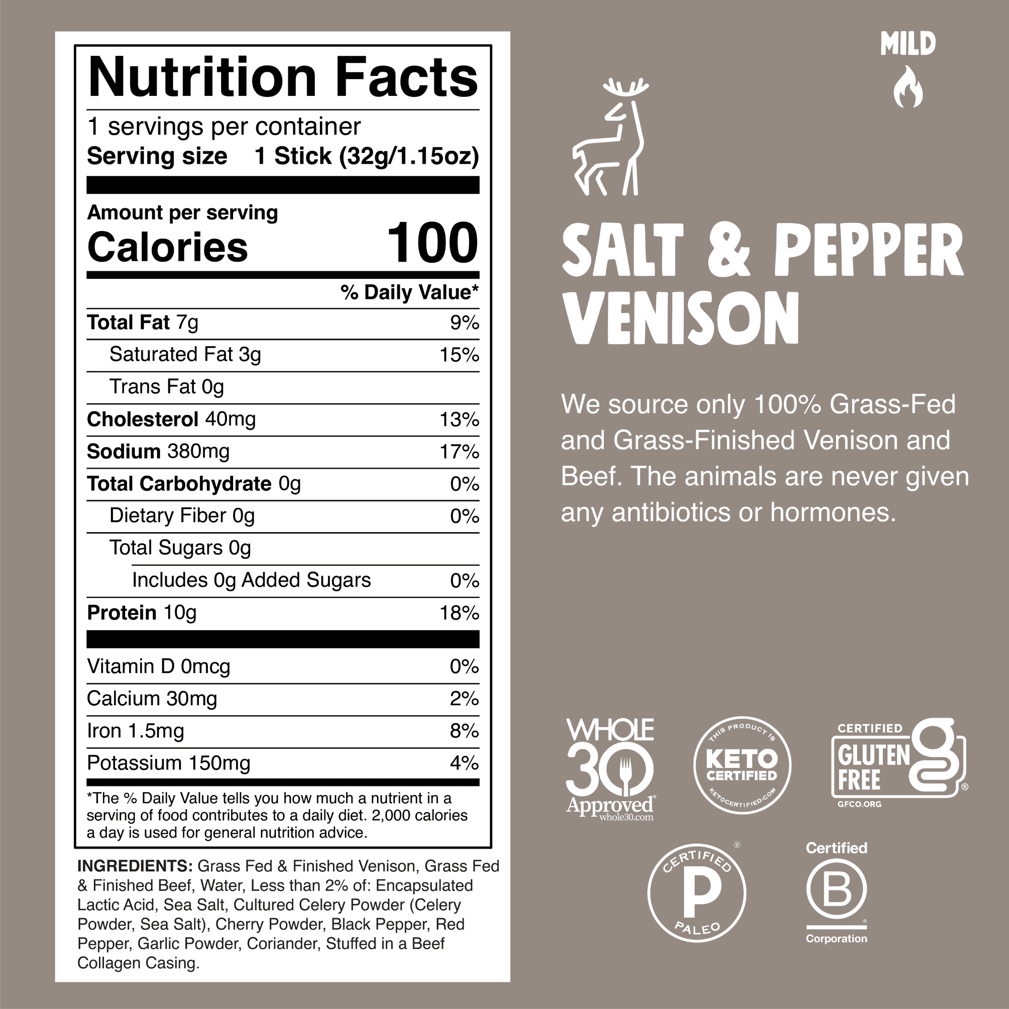 Chomps Sea Salt & Black Pepper Venison Jerky Snack Sticks, 10g of Protein
