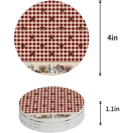 

KXMDXA Country Style Berry Farm Retro Red Plaid and Stars Set of 8 Round Coaster for Drinks Absorbent Ceramic Stone Coasters Cup Mat with Cork Base for Home Kitchen Room Coffee Table Bar Decor