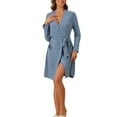 thumbnail image 2 of INSPIRE CHIC Women's Robe Ribbed Knit Knee Length Robes Stretchy Short Sleepwear Bathrobe with Pockets L Blue, 2 of 5