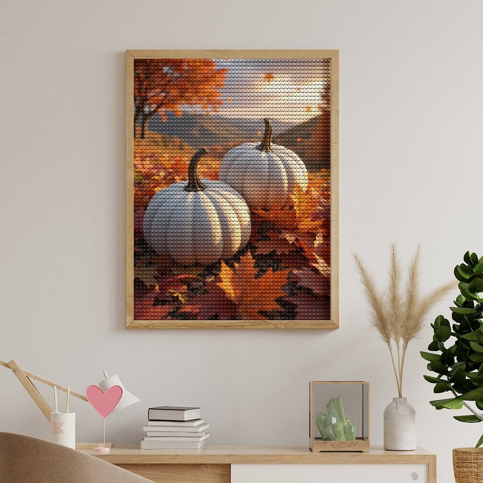 Diamond Art Kits for Adults, White Pumpkins Autumn Leaves Landscape 5D Diamond Painting Kits for Adults Beginners, DIY Full Drill Diamond Painting, Gem Art and Crafts 12x16