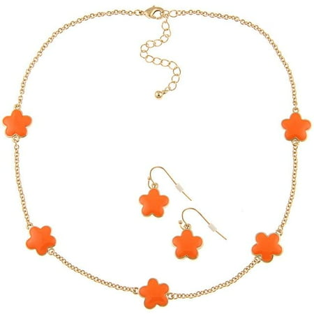 Zirconmania 610S-255OR-16G Goldtone Orange Enamel Daisy Necklace and Earring Set -16 inches