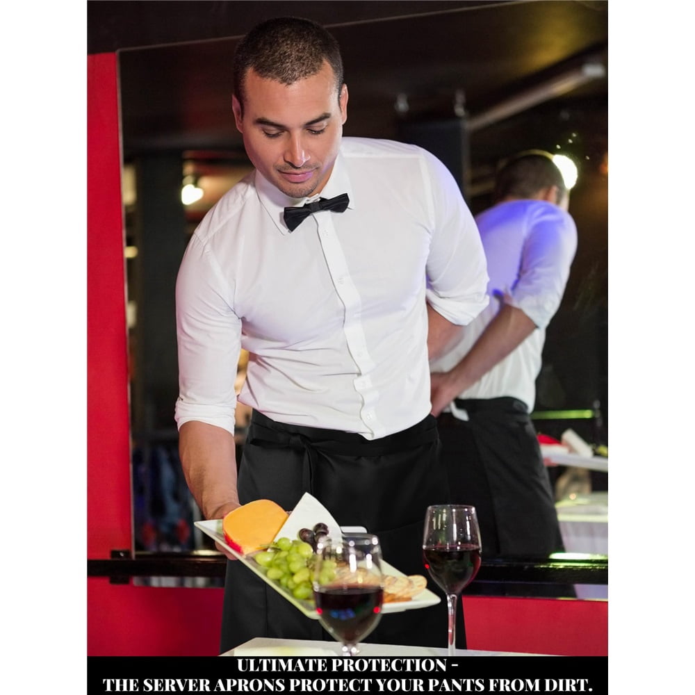 5 Pack Half Bistro Aprons with 2 Pockets Unisex Black Server Apron with Extra Long Front Waist Ties for Men Women